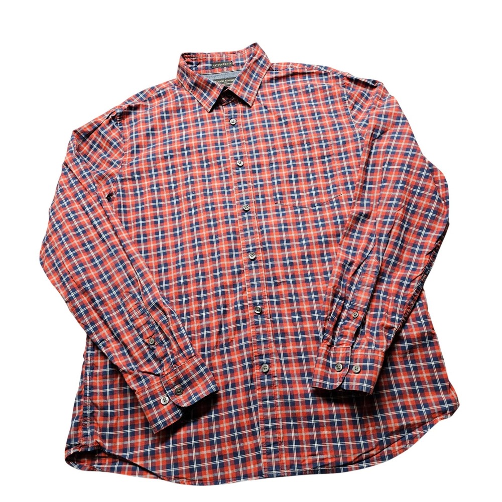 Banana Republic Mens Untucked Fit Plaid Button Down Shirt Red Navy Blue Large